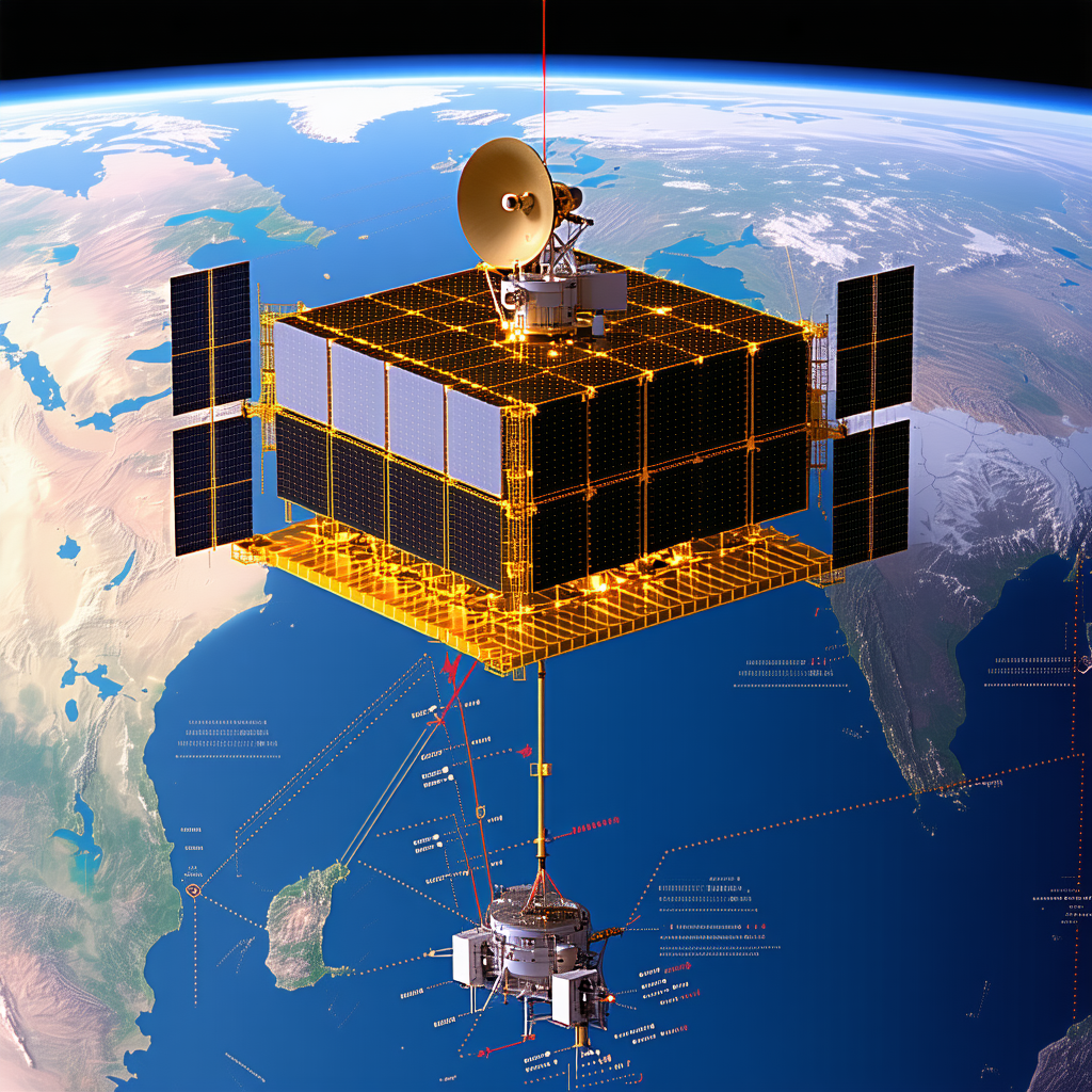 A Spacecraft With A Large Satellite Dish On Top Of It, Floating In The Air