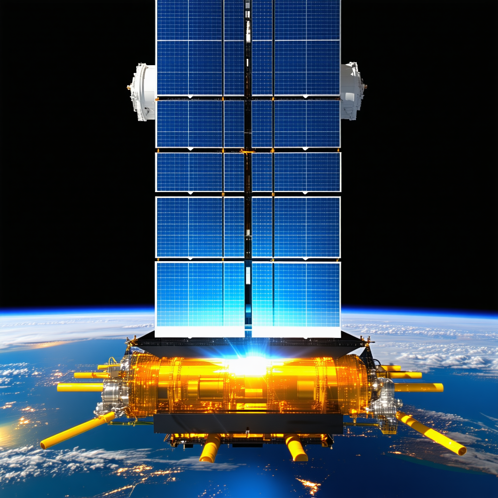 A Large Spacecraft With A Solar Panel On Top, Floating In The Sky