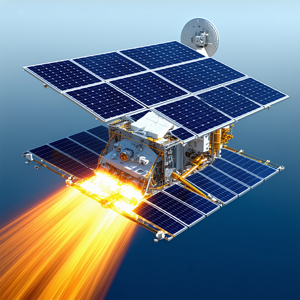 A Spacecraft With A Solar Panel On Its Side, Flying Through The Sky