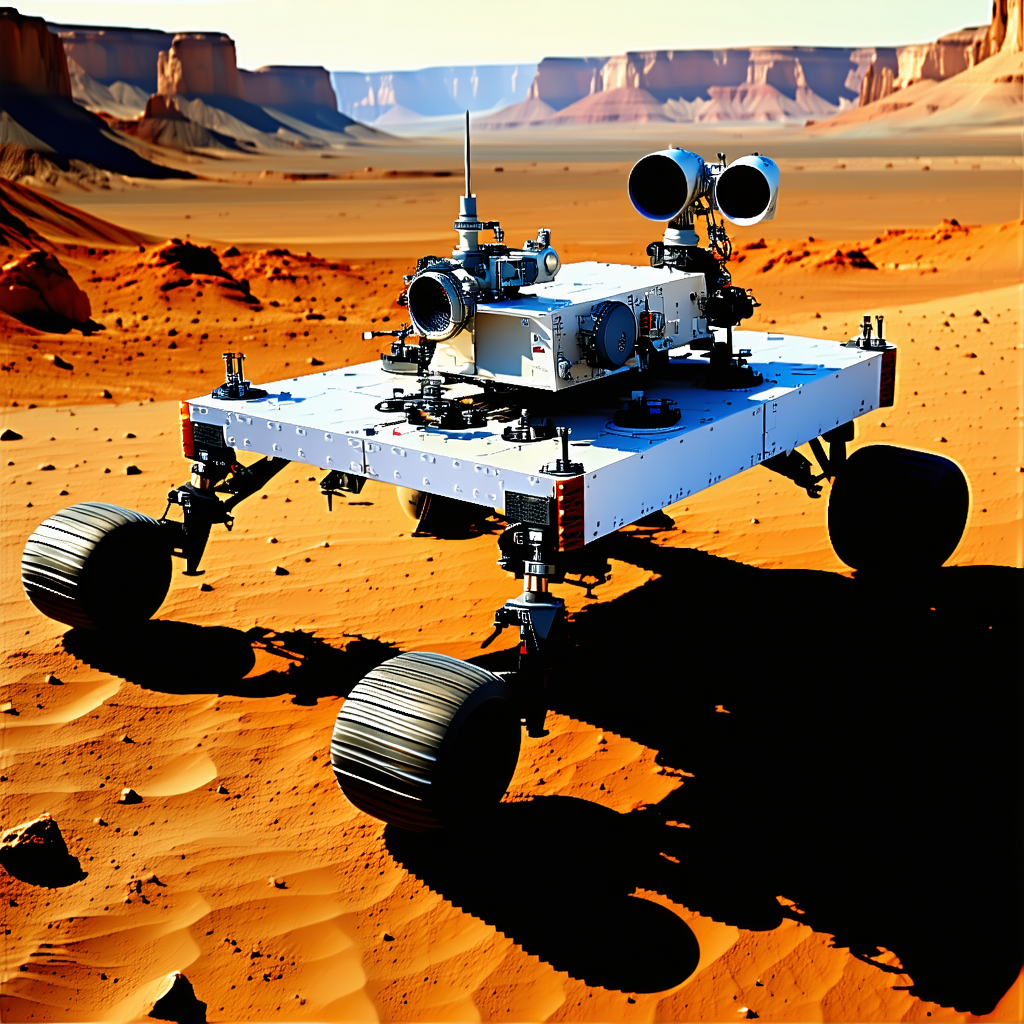 A White Robotic Vehicle With Four Wheels, Driving Across A Desert Landscape