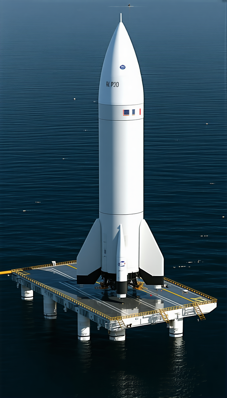 A Large White Rocket Ship, Possibly A Space Shuttle, Sitting On A Platform In The Ocean