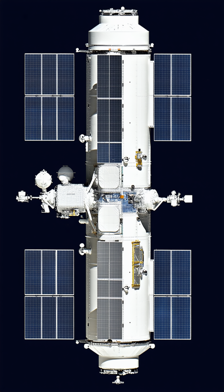 A Large White Spacecraft Is Shown In A Blue Sky