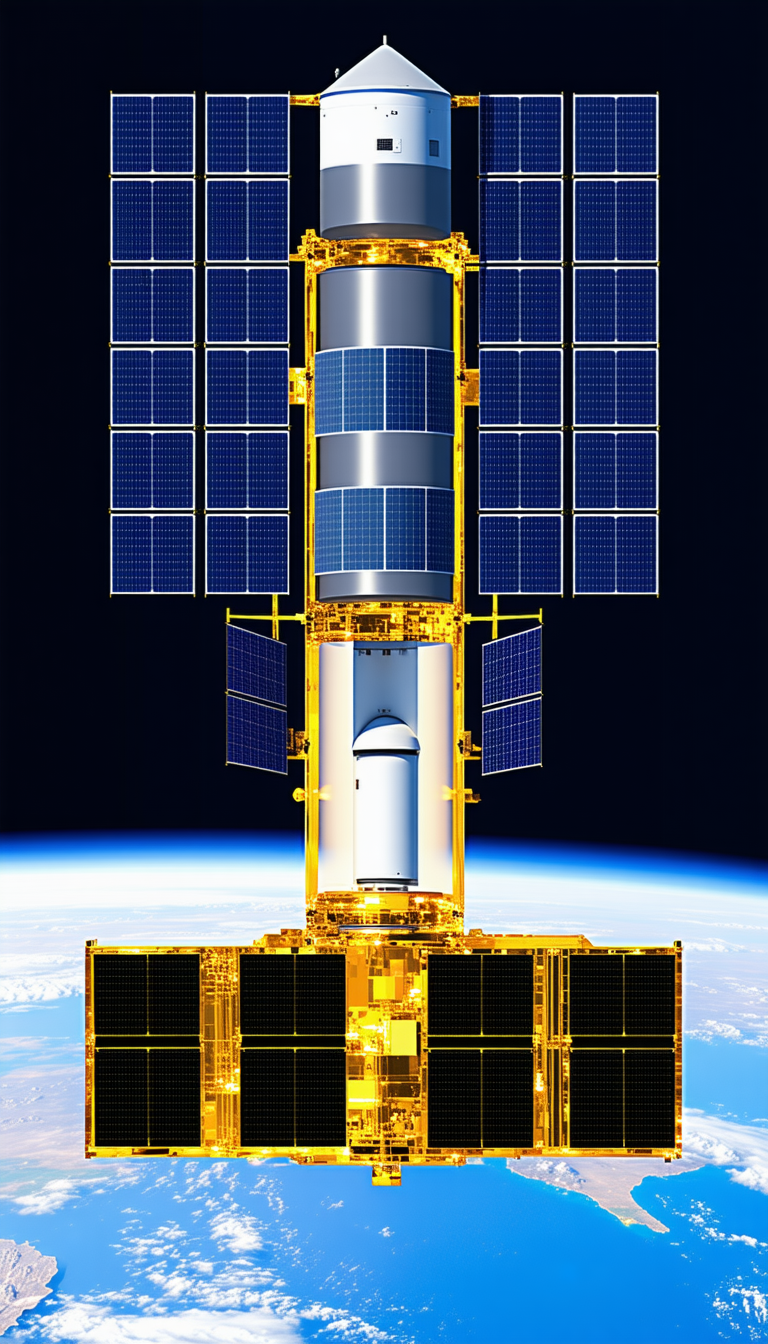 A Large Spacecraft With A Solar Panel On Top, Floating In The Air