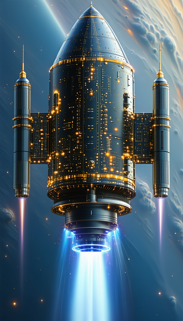 A Futuristic Spacecraft Is Shown In A Blue Sky, With Its Engines Glowing Brightly