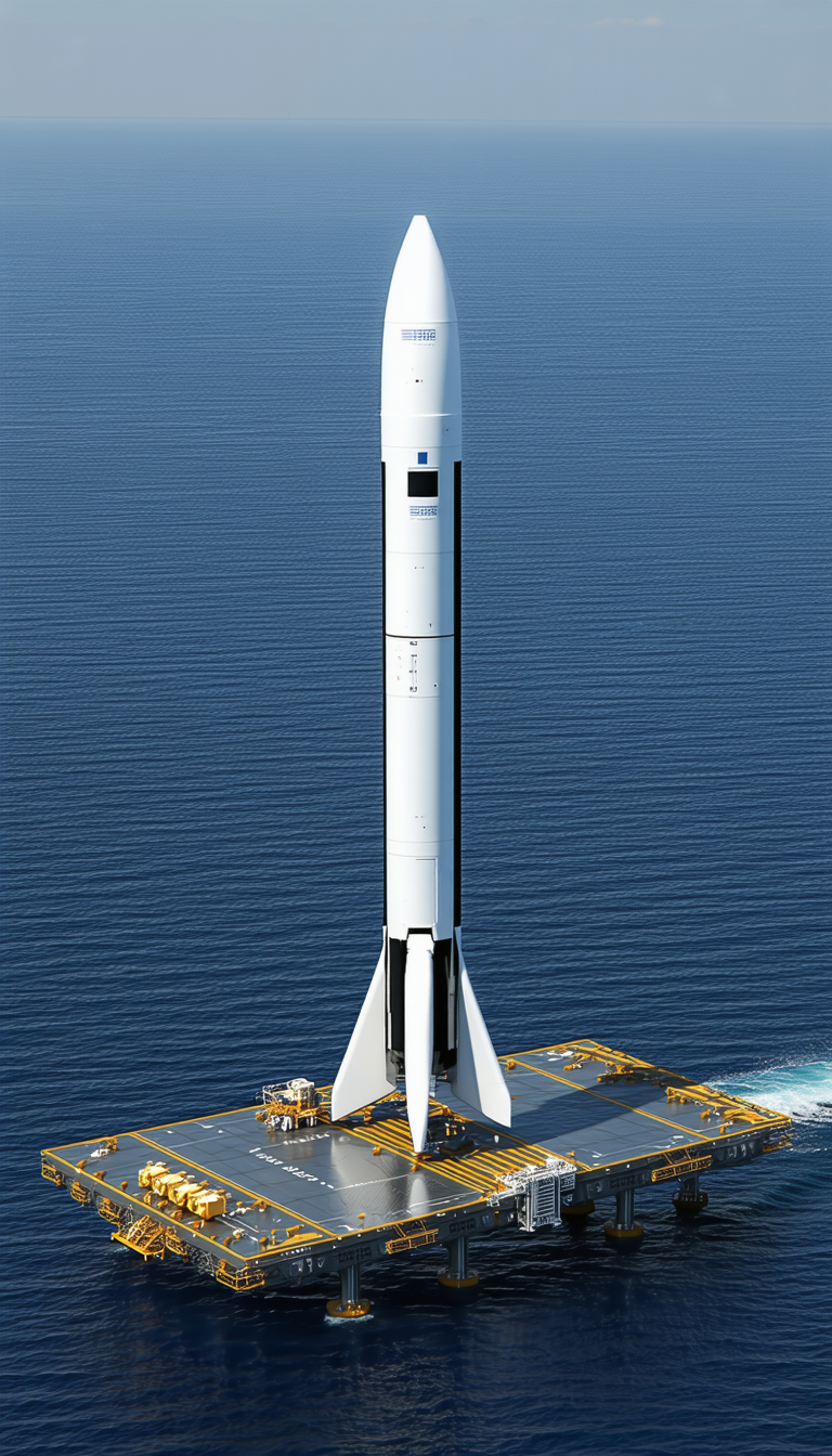 A Large White Rocket Ship Floating On Top Of A Yellow Platform In The Ocean