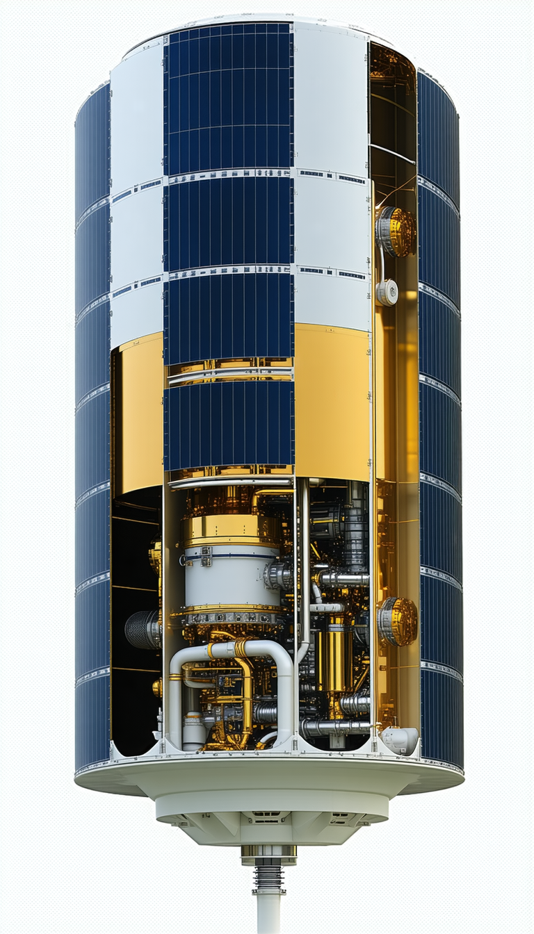A Large, Cylindrical Spacecraft With A Blue And Gold Exterior