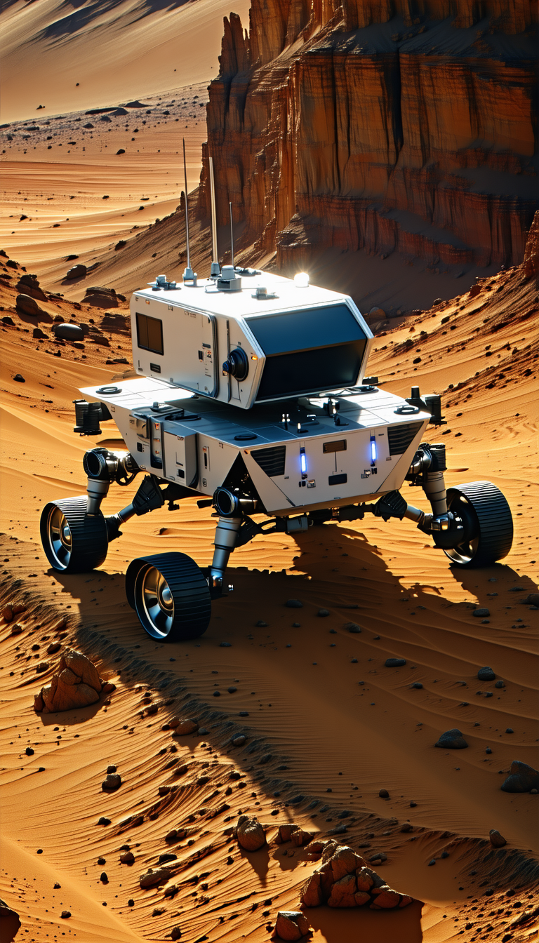 A White Robot Is Sitting On A Rocky Surface, Possibly A Desert