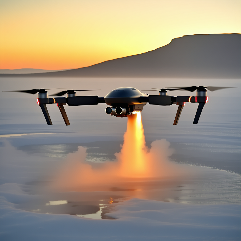 A Black Helicopter Flying Over A Frozen Lake