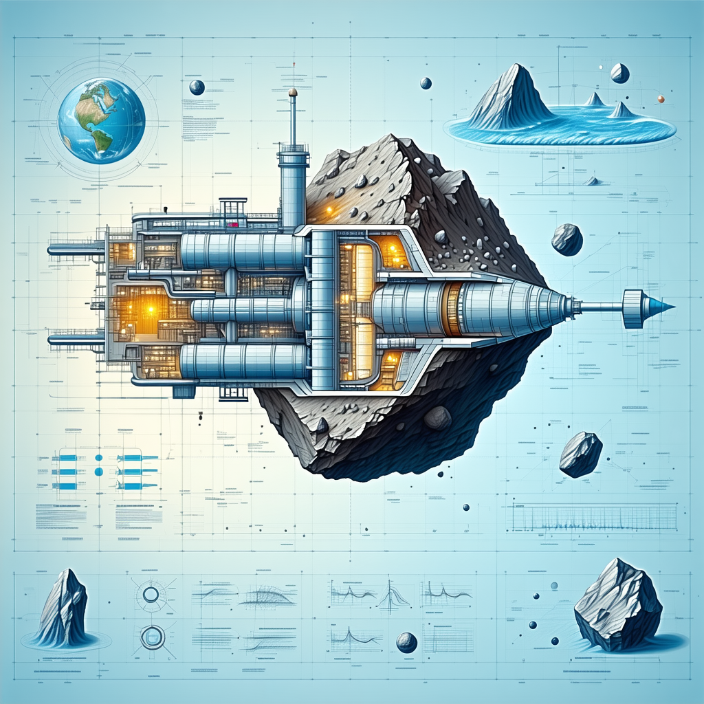 The Image Is A Blue And White Illustration Of A Space Station, With A Large Rock In The Center
