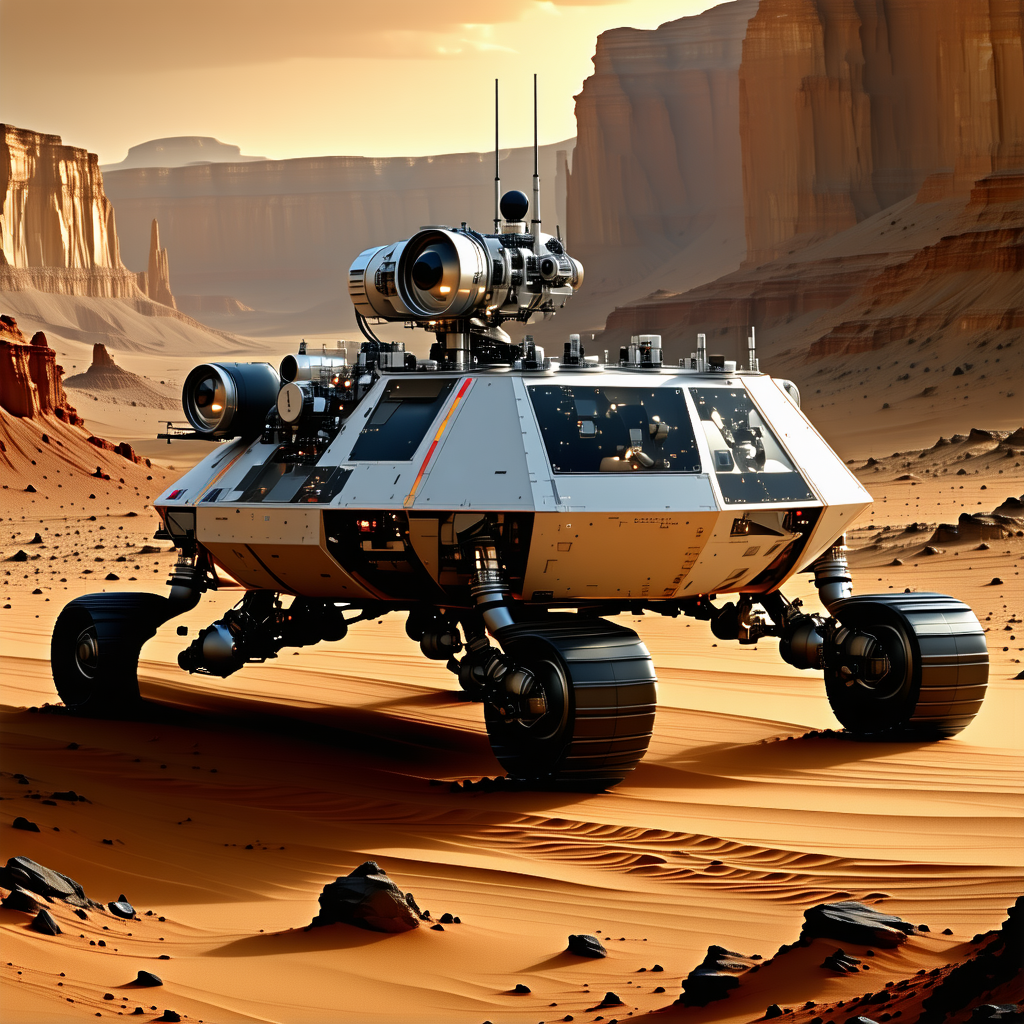 A Futuristic Vehicle, Possibly A Tank Or A Rocket, Driving Across A Desert Landscape