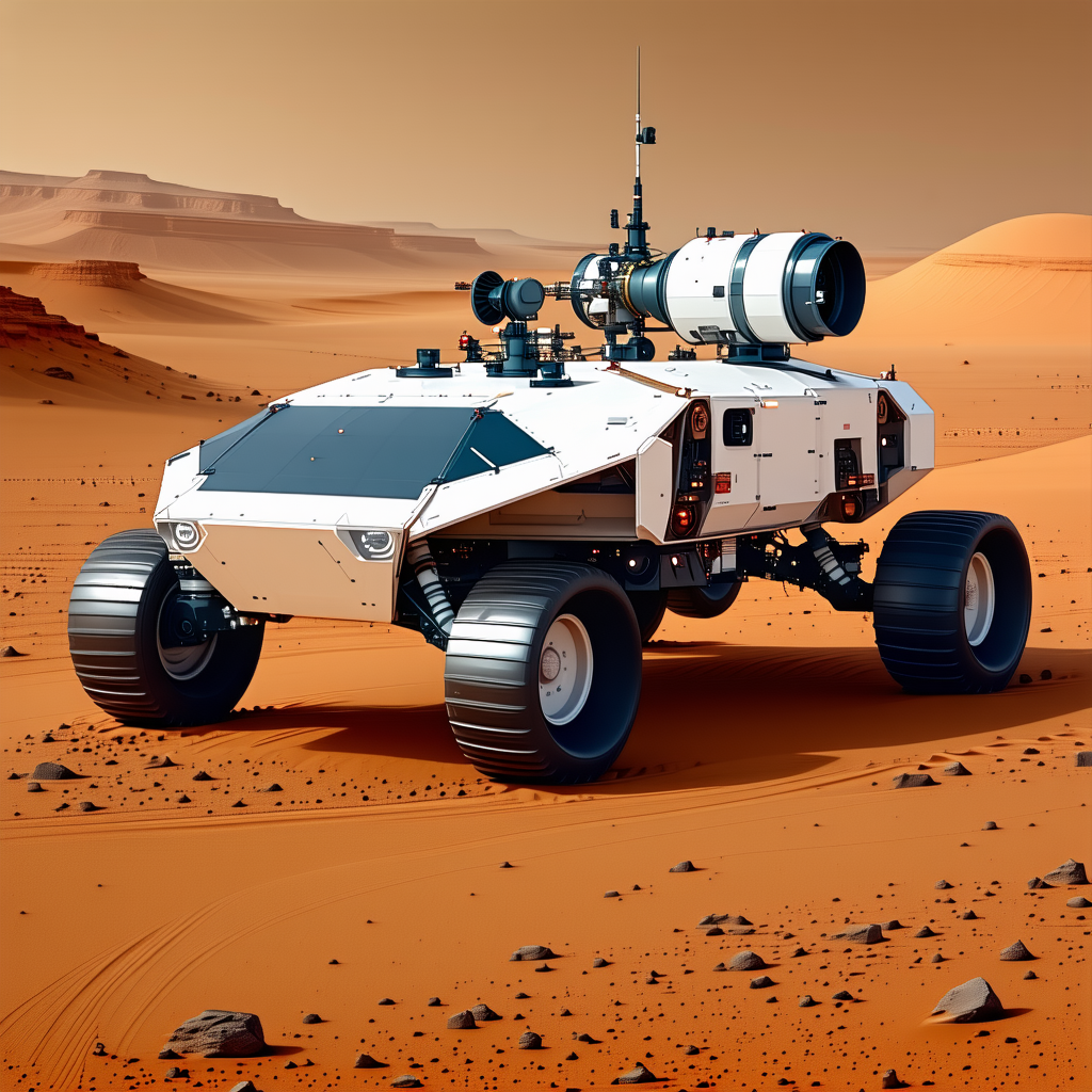 A White And Black Vehicle Is Driving Across A Desert Landscape