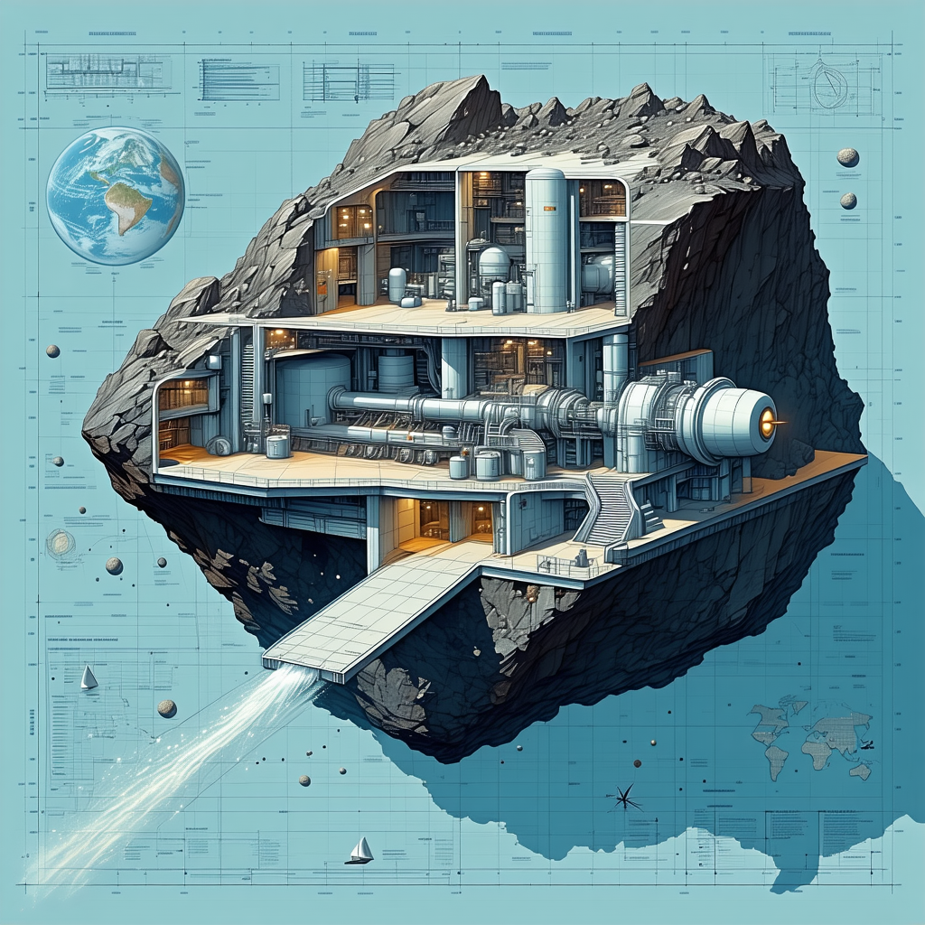 A Large, Futuristic Building Is Depicted In A Blue And White Drawing
