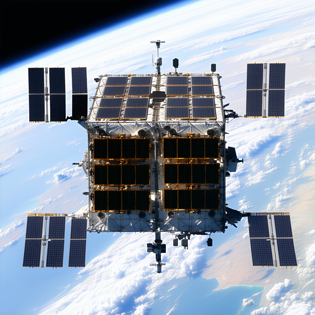 A Spacecraft Is Shown In A Close-up View, With Its Solar Panels And Other Components Clearly Visible