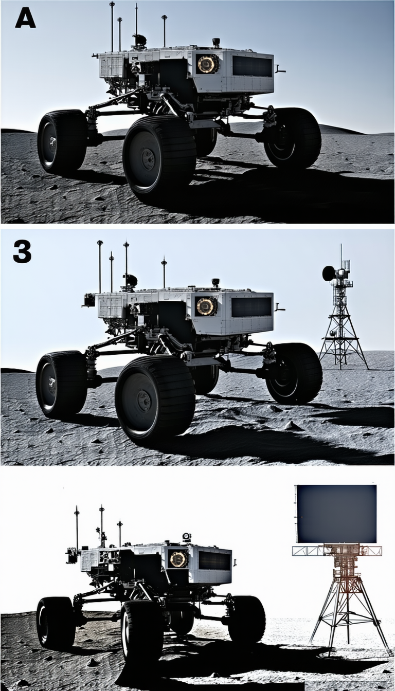 The Image Is A Collage Of Four Different Pictures Of A Rover On The Moon