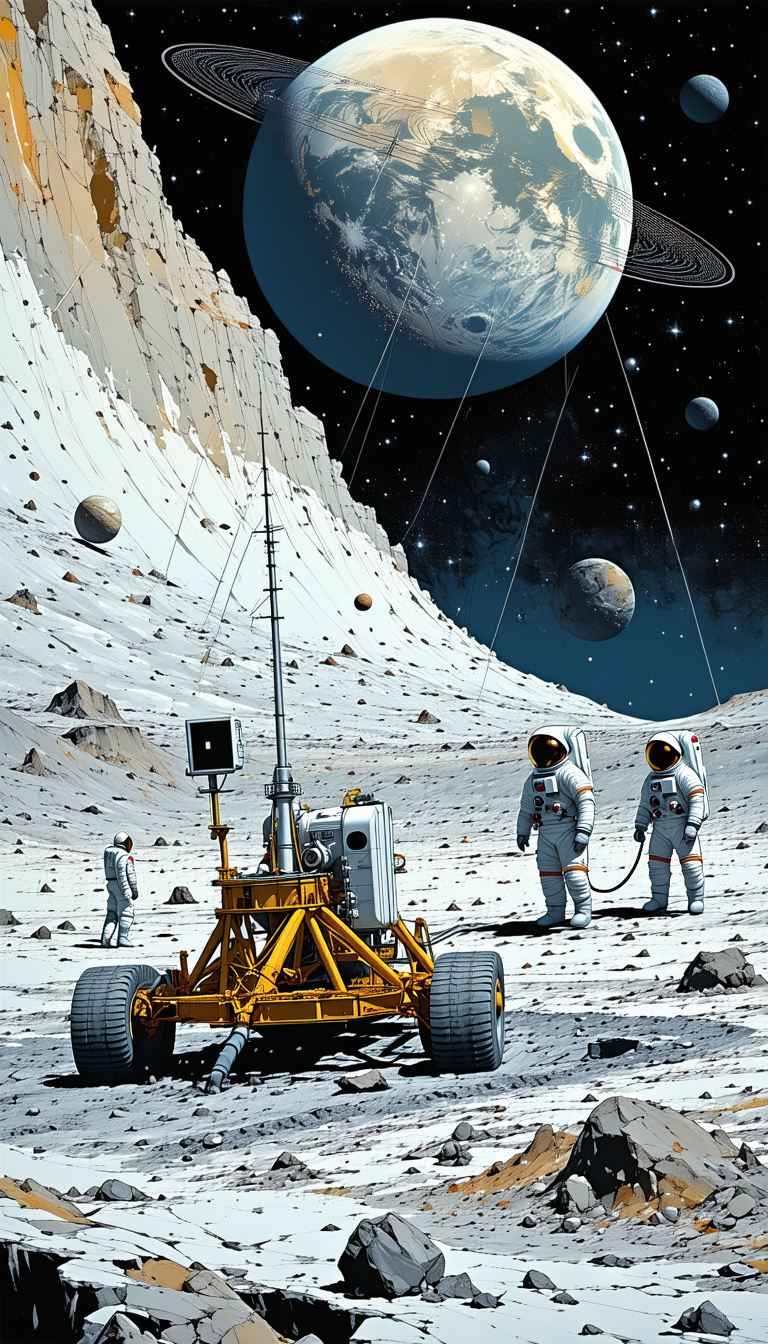 In The Image, There Are Three Astronauts Standing On The Moon, With One Of Them Holding A Rope