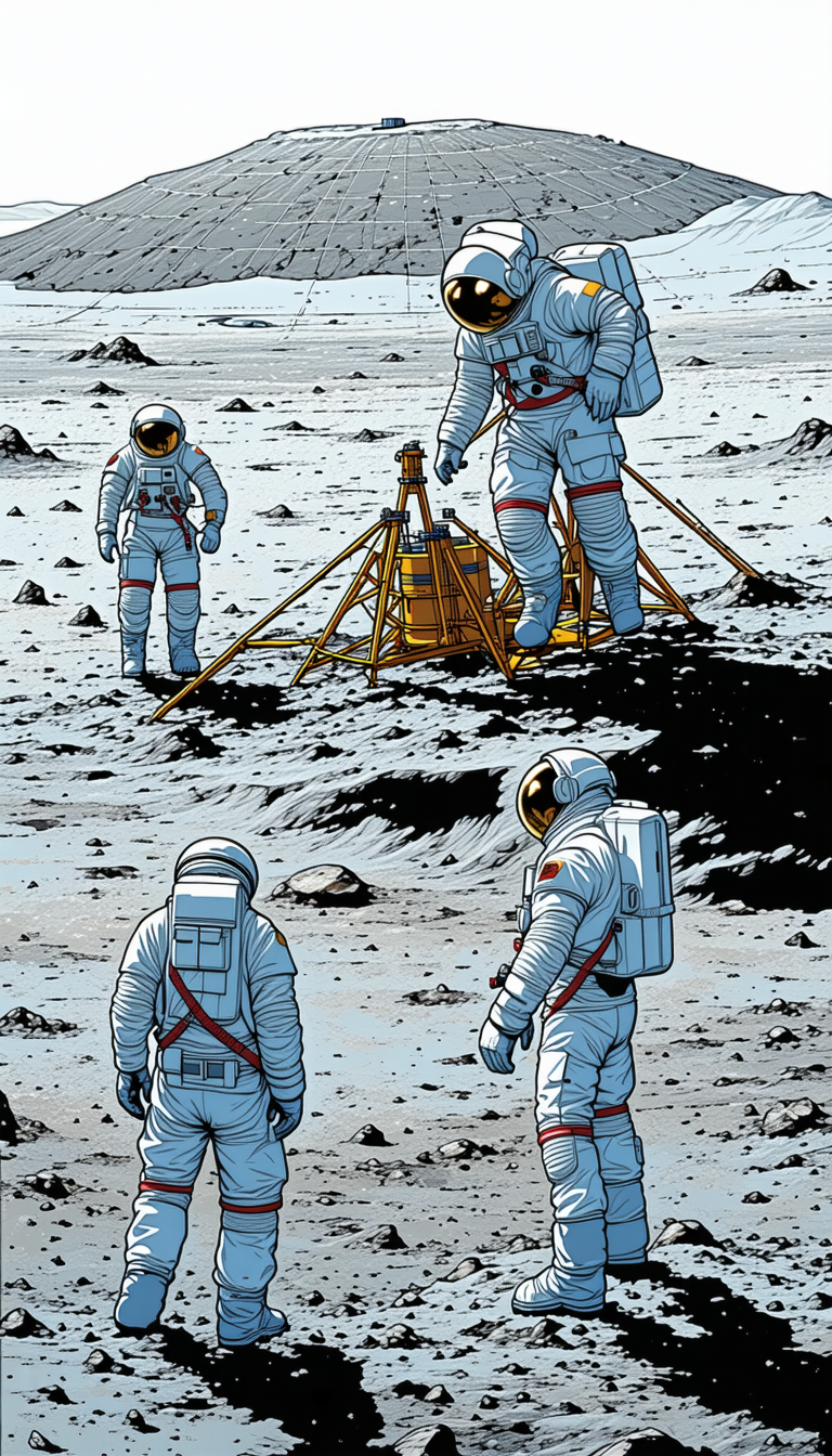 In The Image, There Are Three Astronauts Standing On A Rocky Surface, Possibly On The Moon