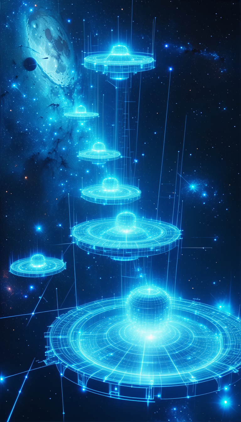 In The Image, There Are Several Blue And White Spaceships Floating In The Air