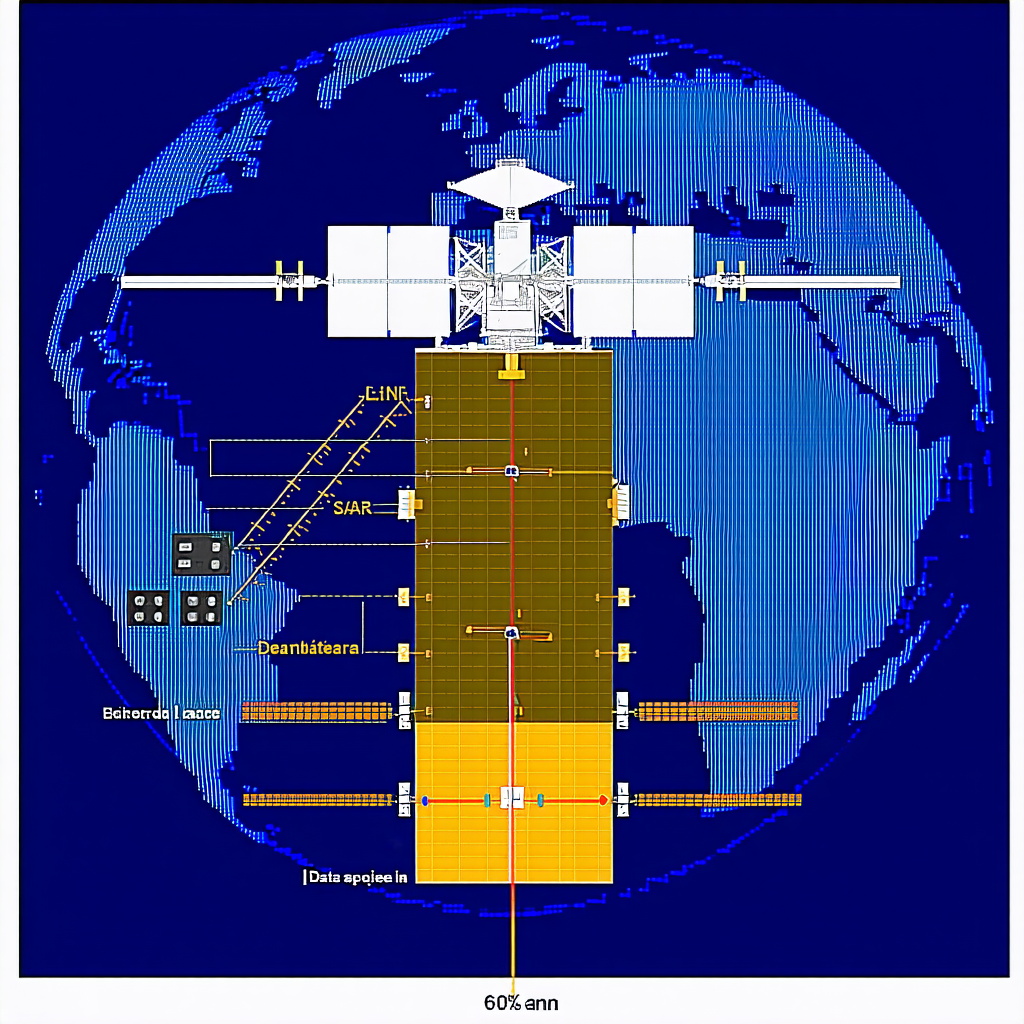 The Image Is A Blue And Yellow Drawing Of A Space Station, With A Large Satellite Dish On Top