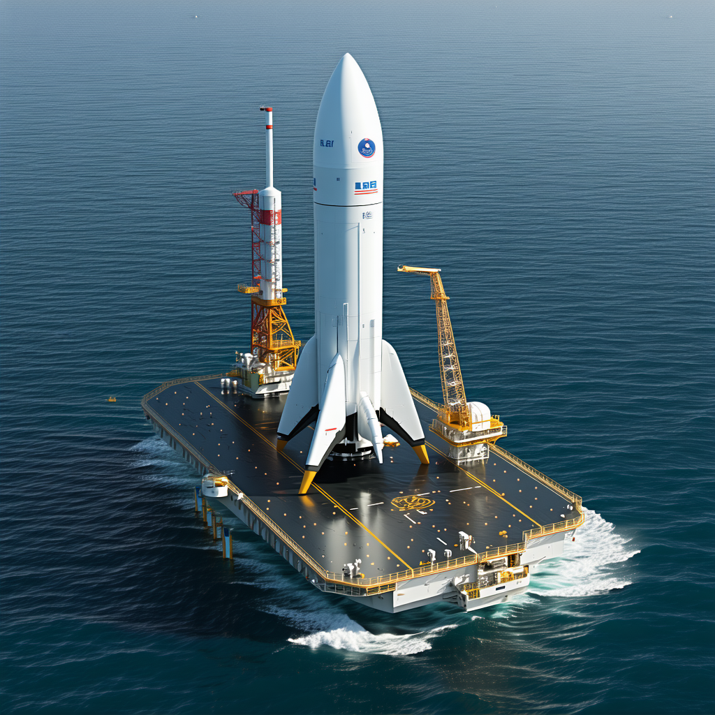 A Large White Rocket Ship Is Floating On A Platform In The Ocean