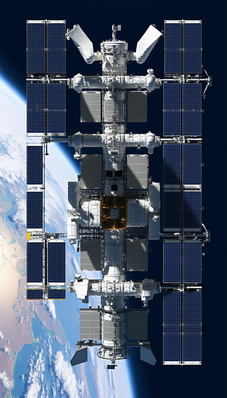 A Large Space Station Is Shown In The Image, With A View Of The Earth In The Background