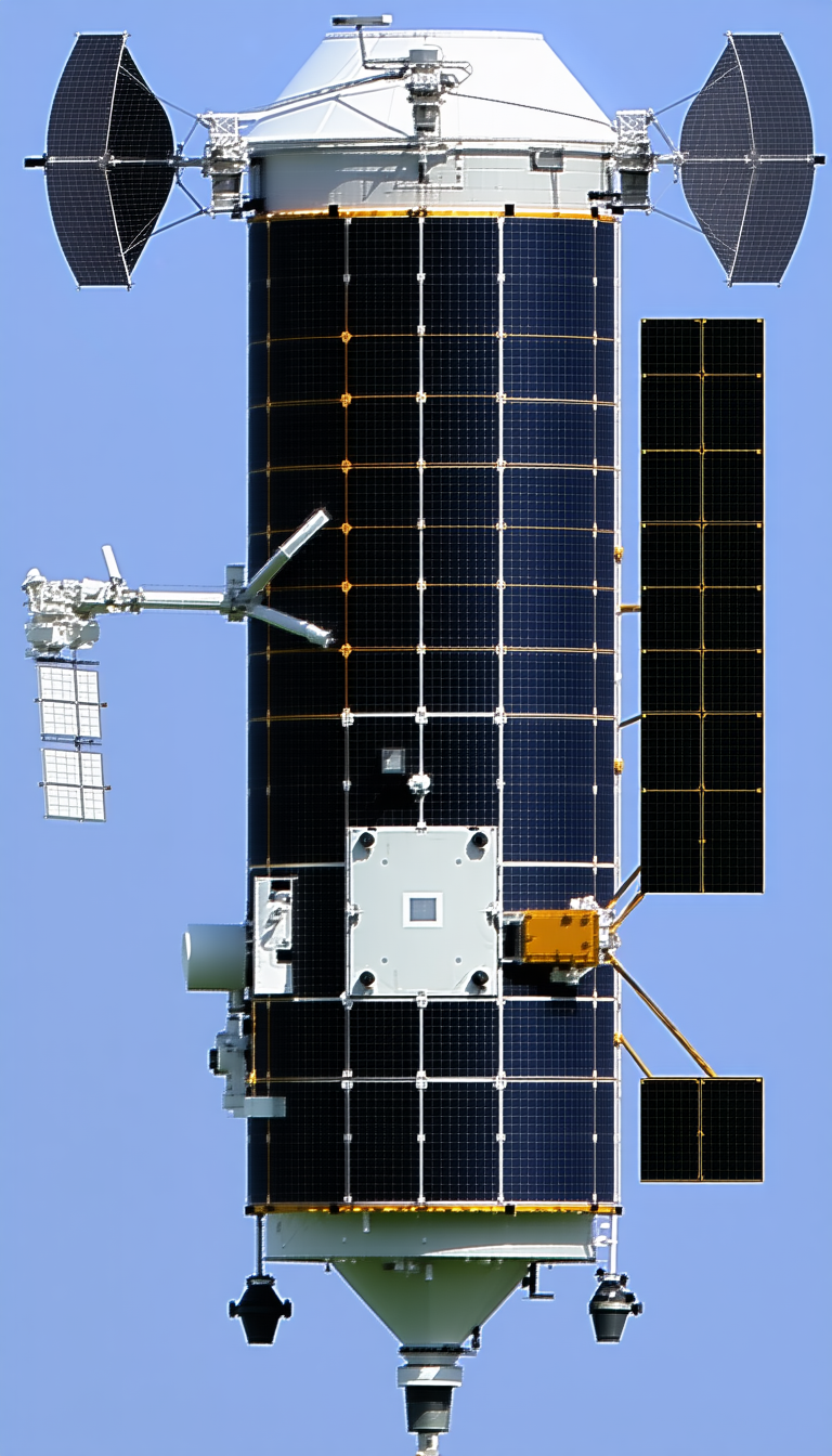 A Large Satellite Is Shown In The Image, With A Smaller Satellite Attached To It