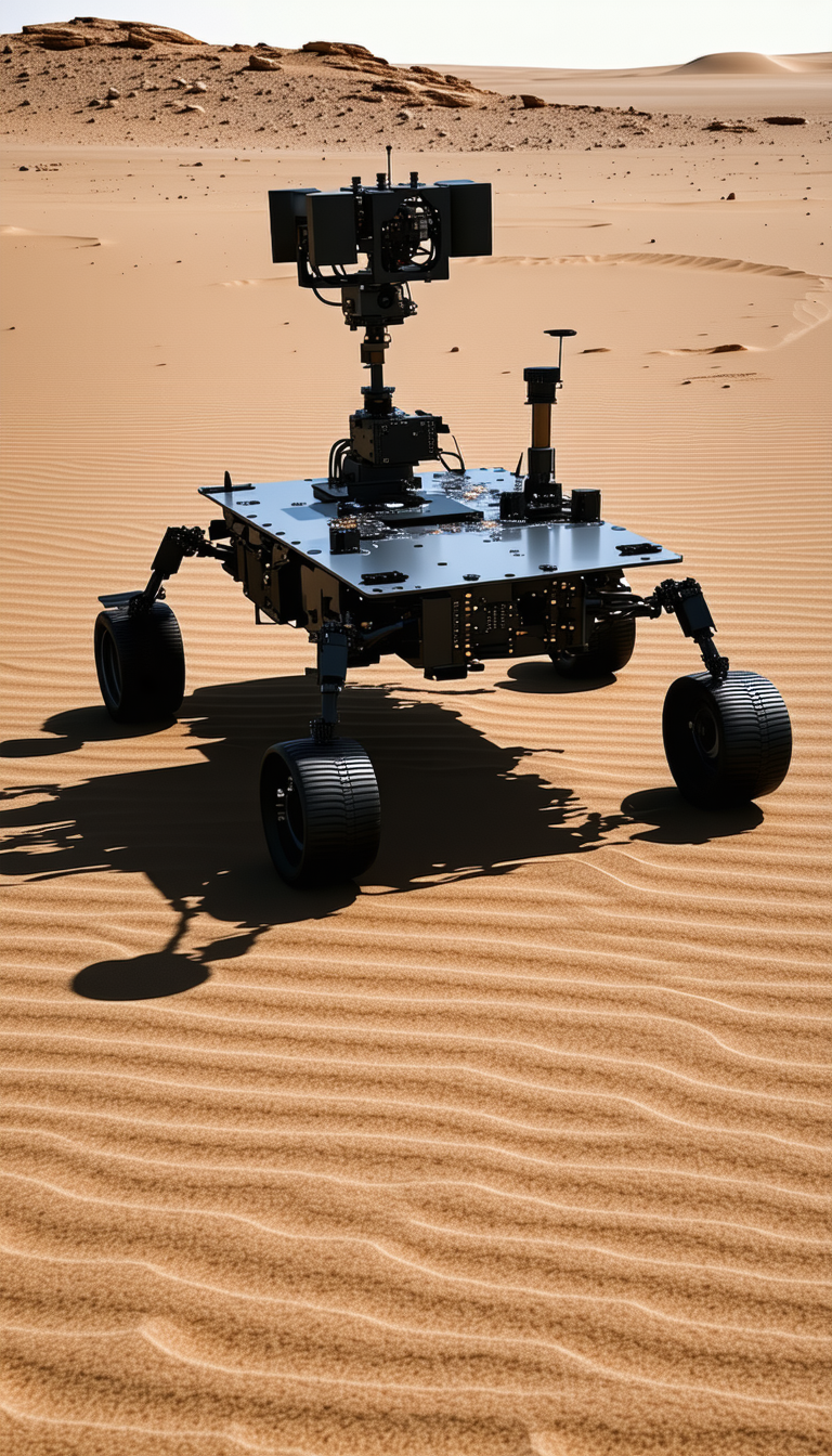 A Robotic Vehicle, Possibly A Rover, Sitting On A Sandy Surface