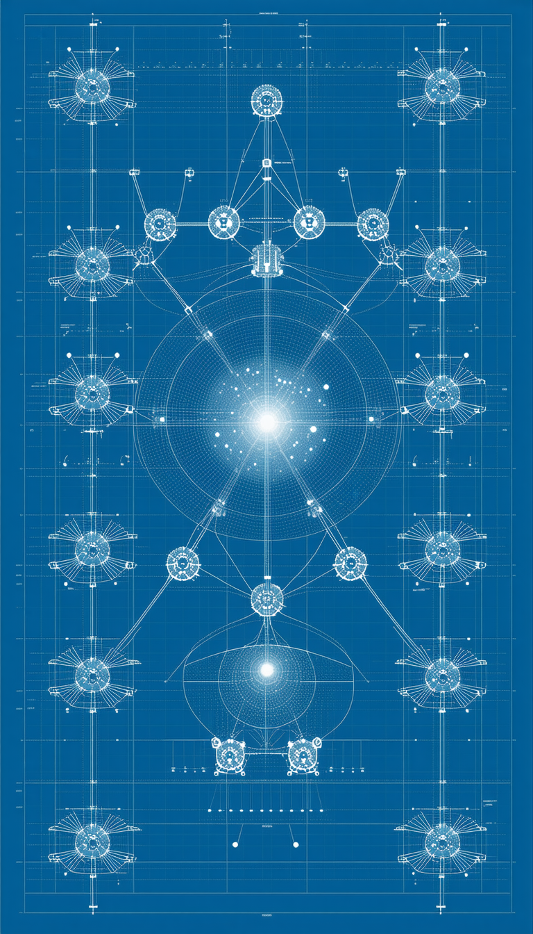 A Blue And White Drawing Of A Circle With A Light In The Center Is Displayed