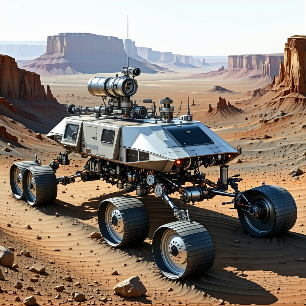 A Futuristic Vehicle, Possibly A Spacecraft Or A Rover, Driving Across A Rocky Terrain