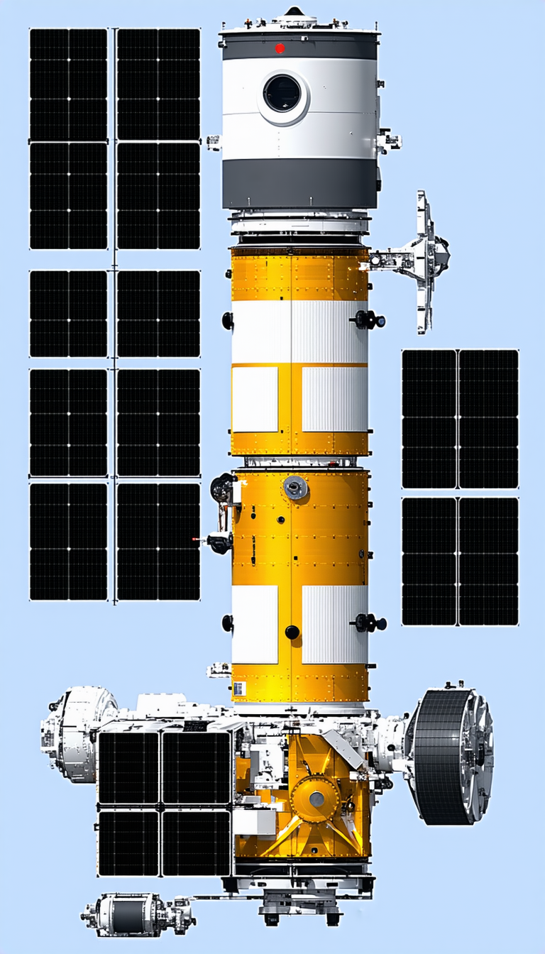 A Yellow And White Spacecraft Is Shown In A Blue Background