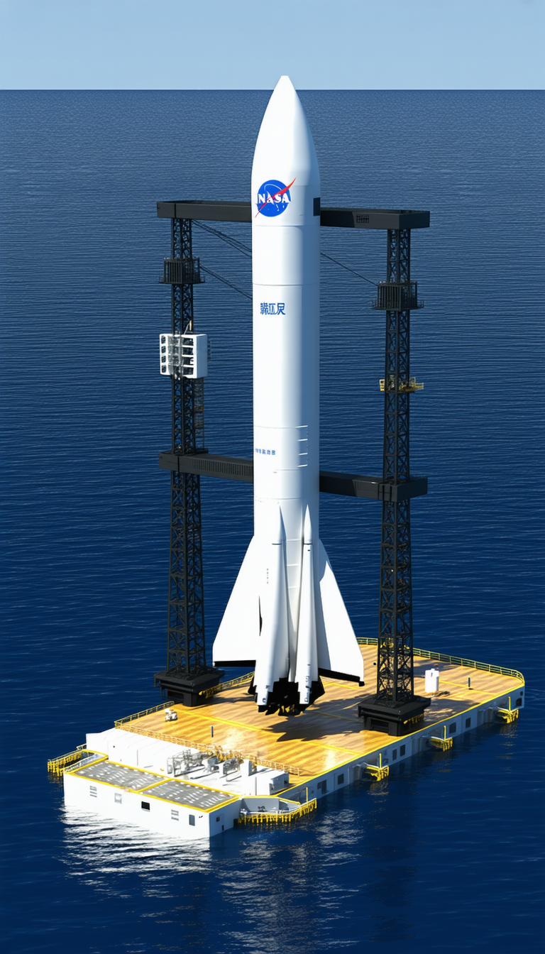 A Large White Rocket Ship Is Docked On A Yellow Platform In The Ocean