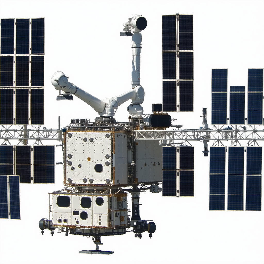 A Large Spacecraft With A White And Blue Color Scheme