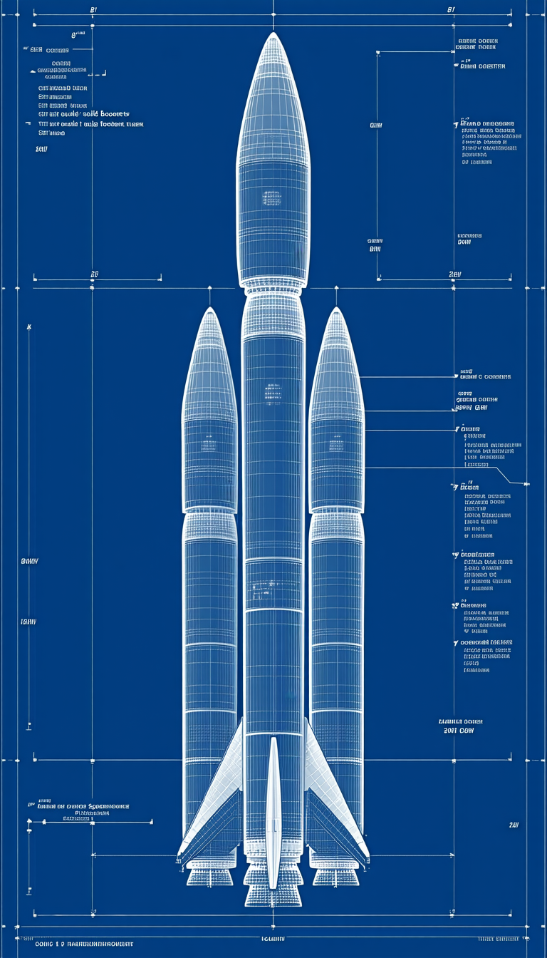 A Large Rocket Is Shown In A Blue And White Drawing