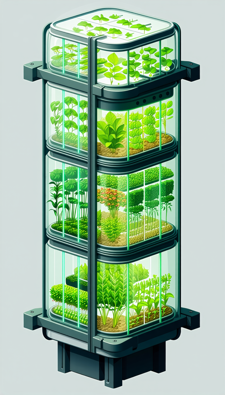 A Large Tower Filled With Various Plants Is Shown In The Image