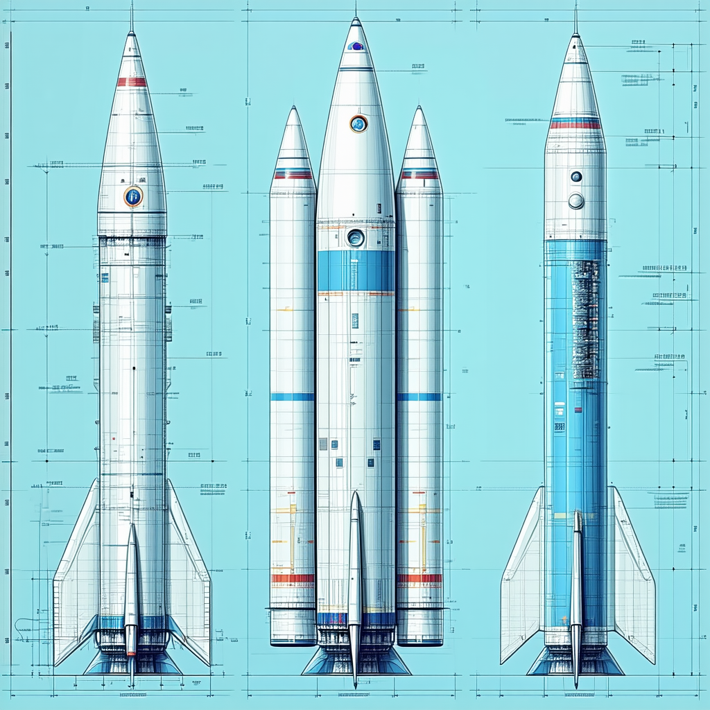 A Blue And White Rocket Ship Is Shown In Three Different Stages Of Its Flight