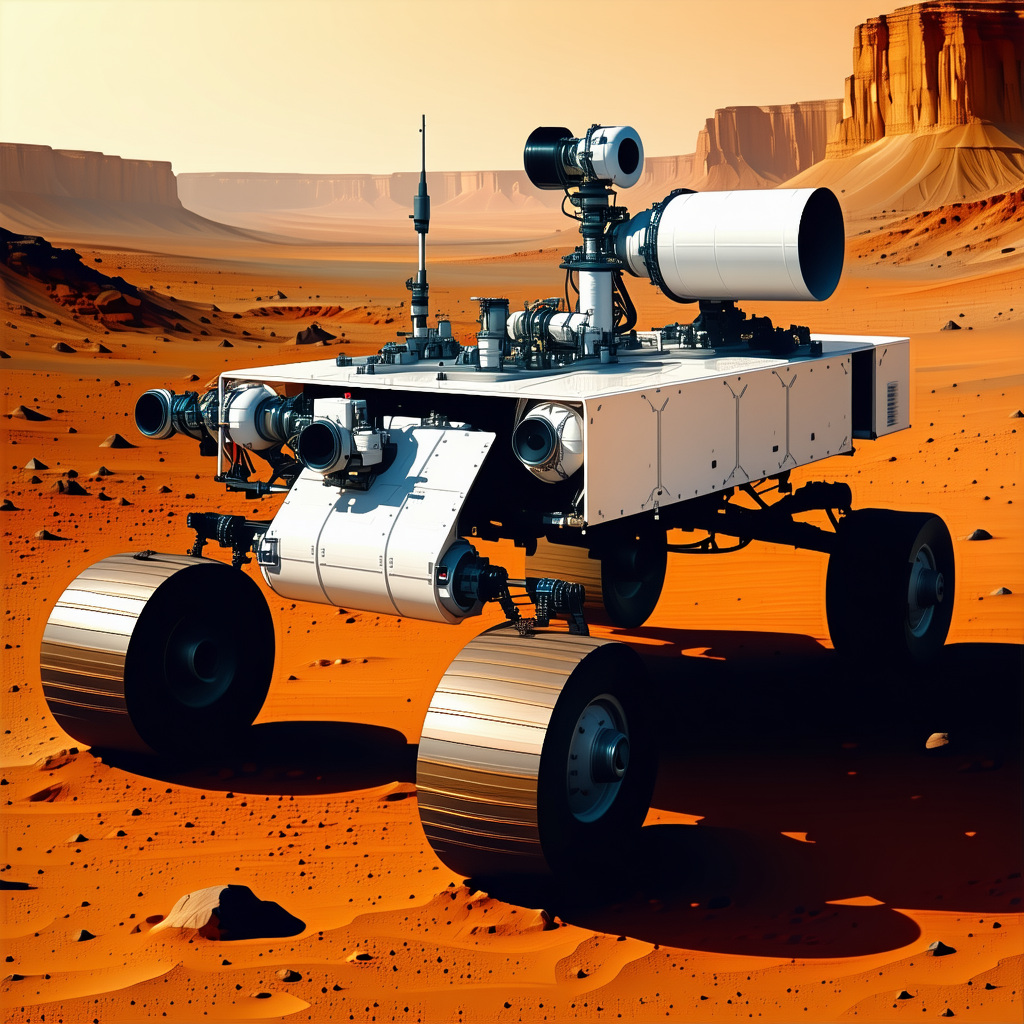 A Futuristic Robotic Vehicle, Possibly A Rover, Sitting On A Rocky Surface