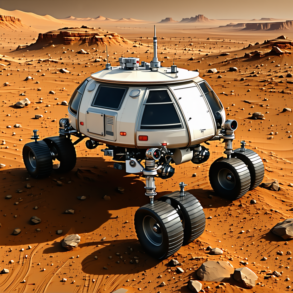 A Futuristic Vehicle, Possibly A Spacecraft Or A Rover, Parked On A Rocky Surface