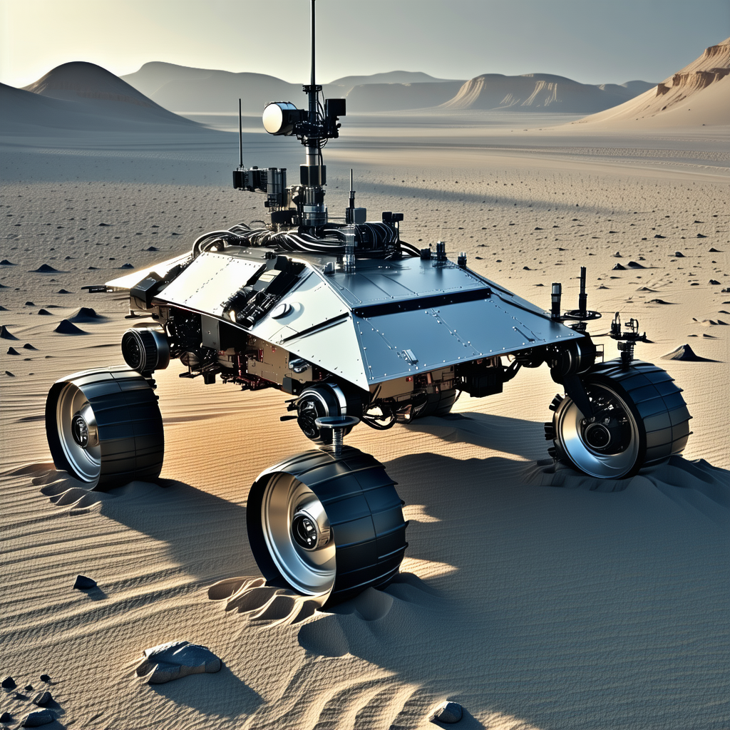 A Large Robotic Vehicle, Possibly A Tank, Sitting In A Desert-like Environment