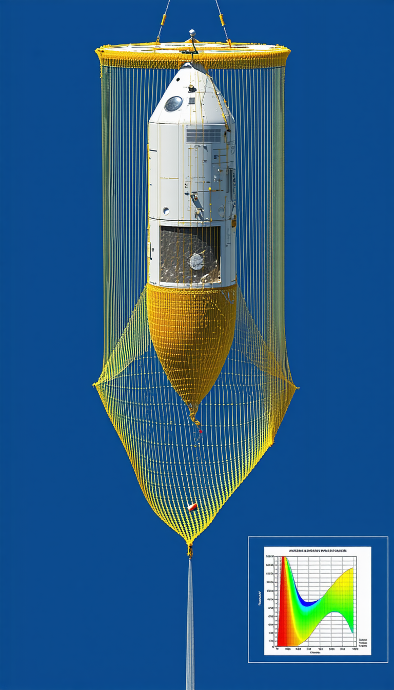 A Space Shuttle Is Shown In A Blue Sky, With A Yellow And White Netting Surrounding It