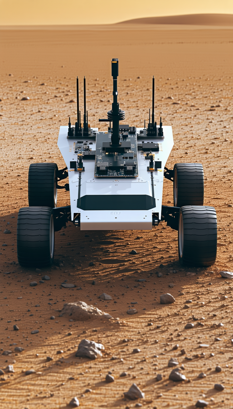 A White Robotic Vehicle With A Large Antenna On Top Of It