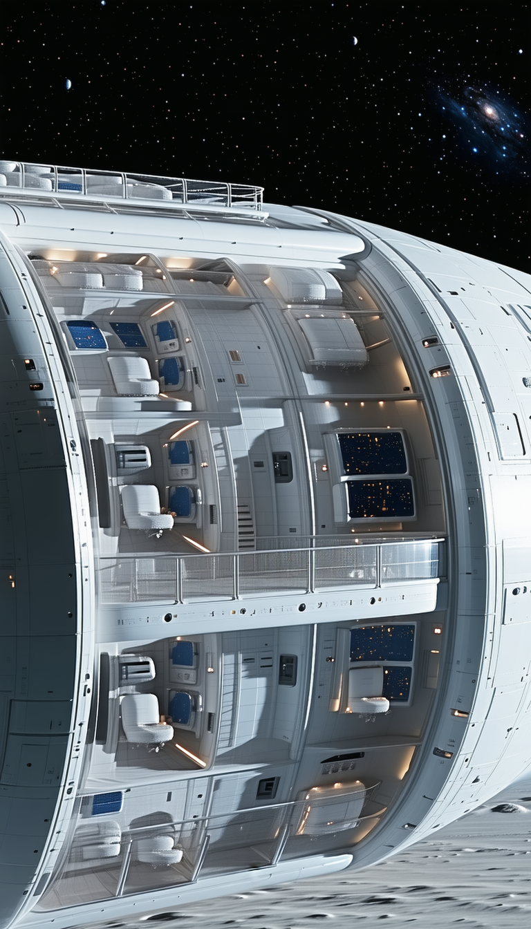A Large White Spacecraft Is Shown From The Inside, With A Row Of Small Windows Lining The Walls
