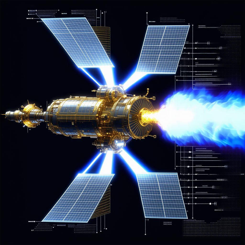 A Futuristic Spacecraft Is Shown In A Blue Background, With A Large Solar Panel On The Side