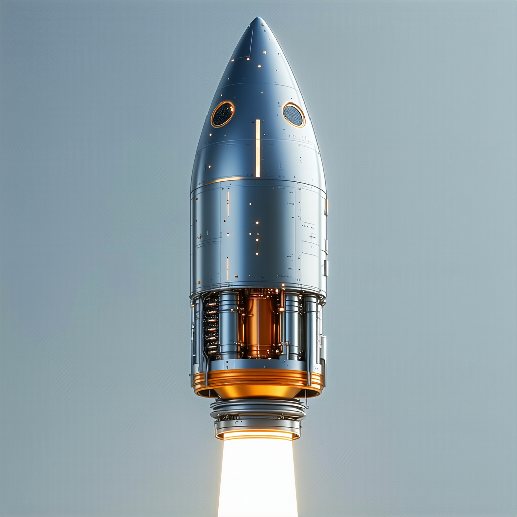 A Rocket Ship With A Silver And Gold Color Scheme, Soaring Through The Sky