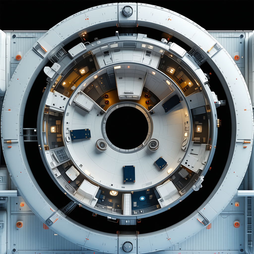 The Image Is A 3d Model Of A Space Station, Showcasing Its Interior