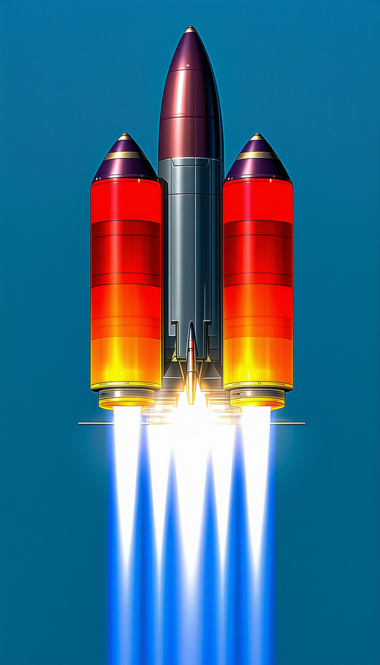 A Rocket Is Shown In A Blue Sky, With Its Two Boosters Attached