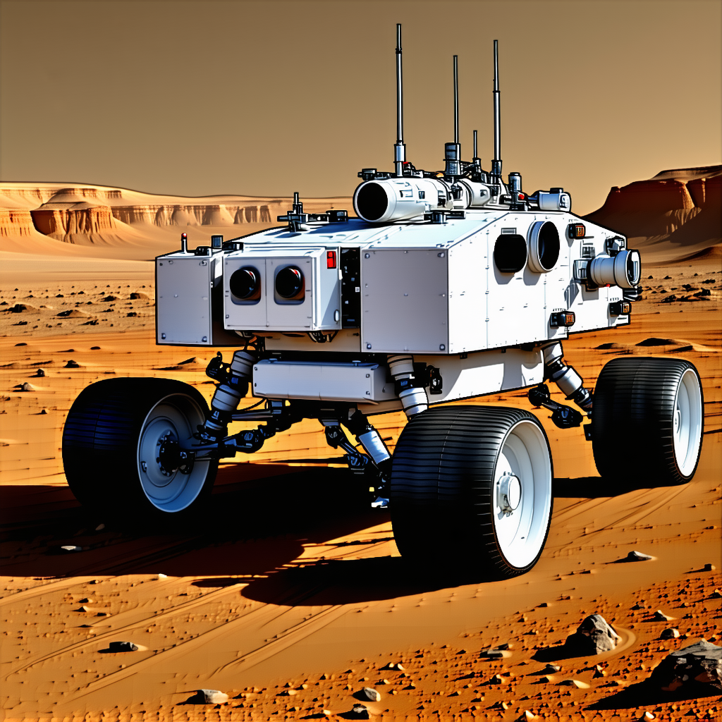 A White Robot Is Sitting On A Dirt Road, With A Rocky Terrain In The Background