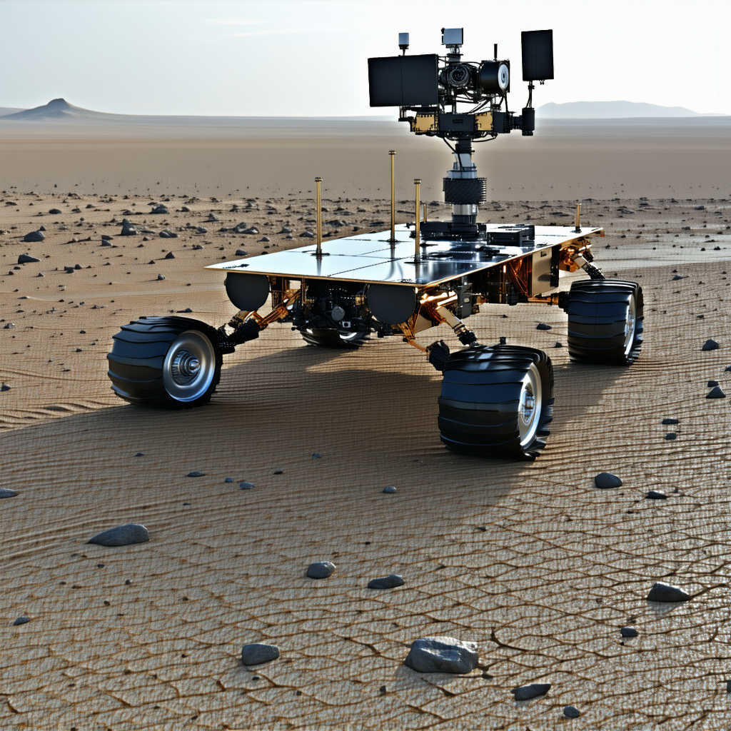 A Large, Four-wheeled Vehicle, Possibly A Rover, Driving Across A Rocky Terrain