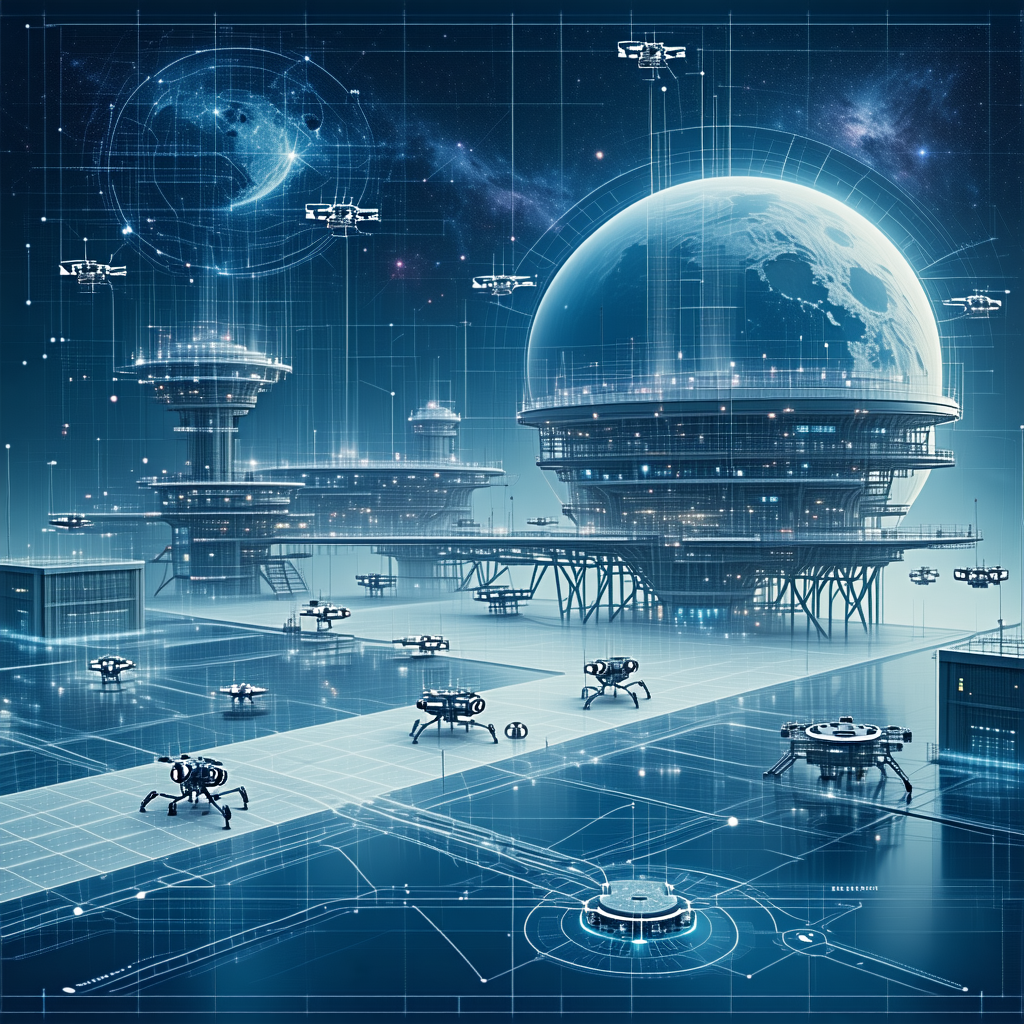 In This Futuristic Scene, A Large Space Station Is Surrounded By Numerous Small Drones