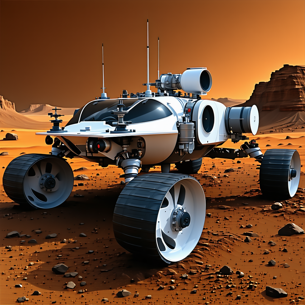 A Futuristic Vehicle Is Parked On A Rocky Surface, Possibly On Mars