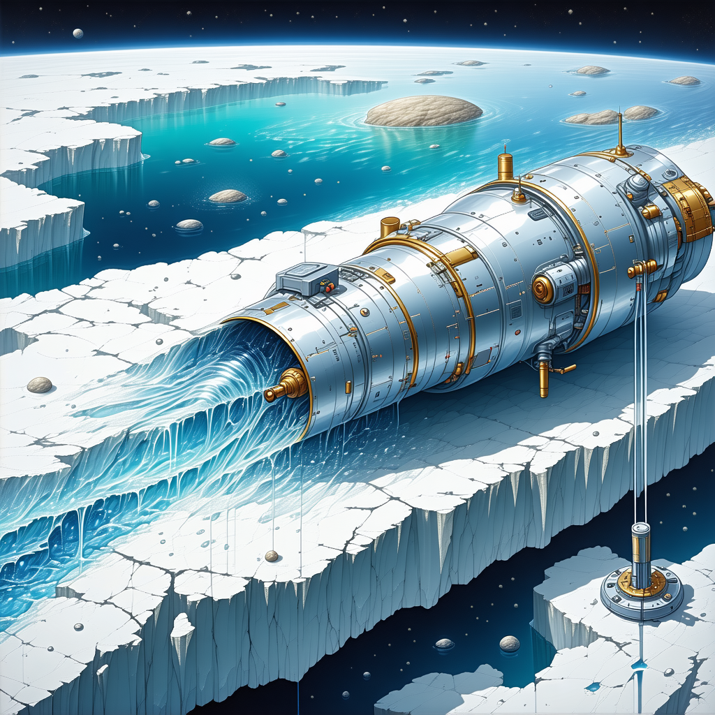 In The Image, There Is A Large Silver Spacecraft With A Blue And White Interior, Floating In The Air