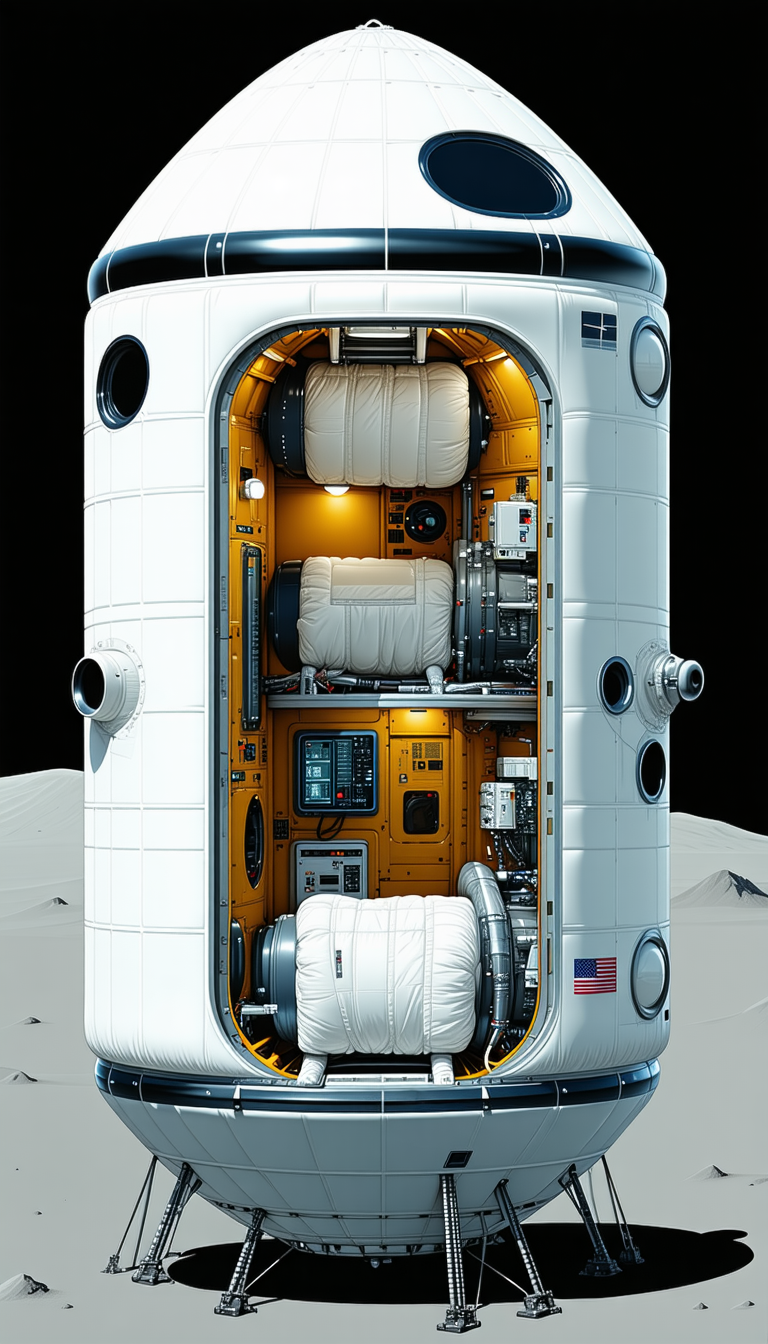 A Space Station Is Shown In A 3d Model, With A Large White And Orange Spacecraft